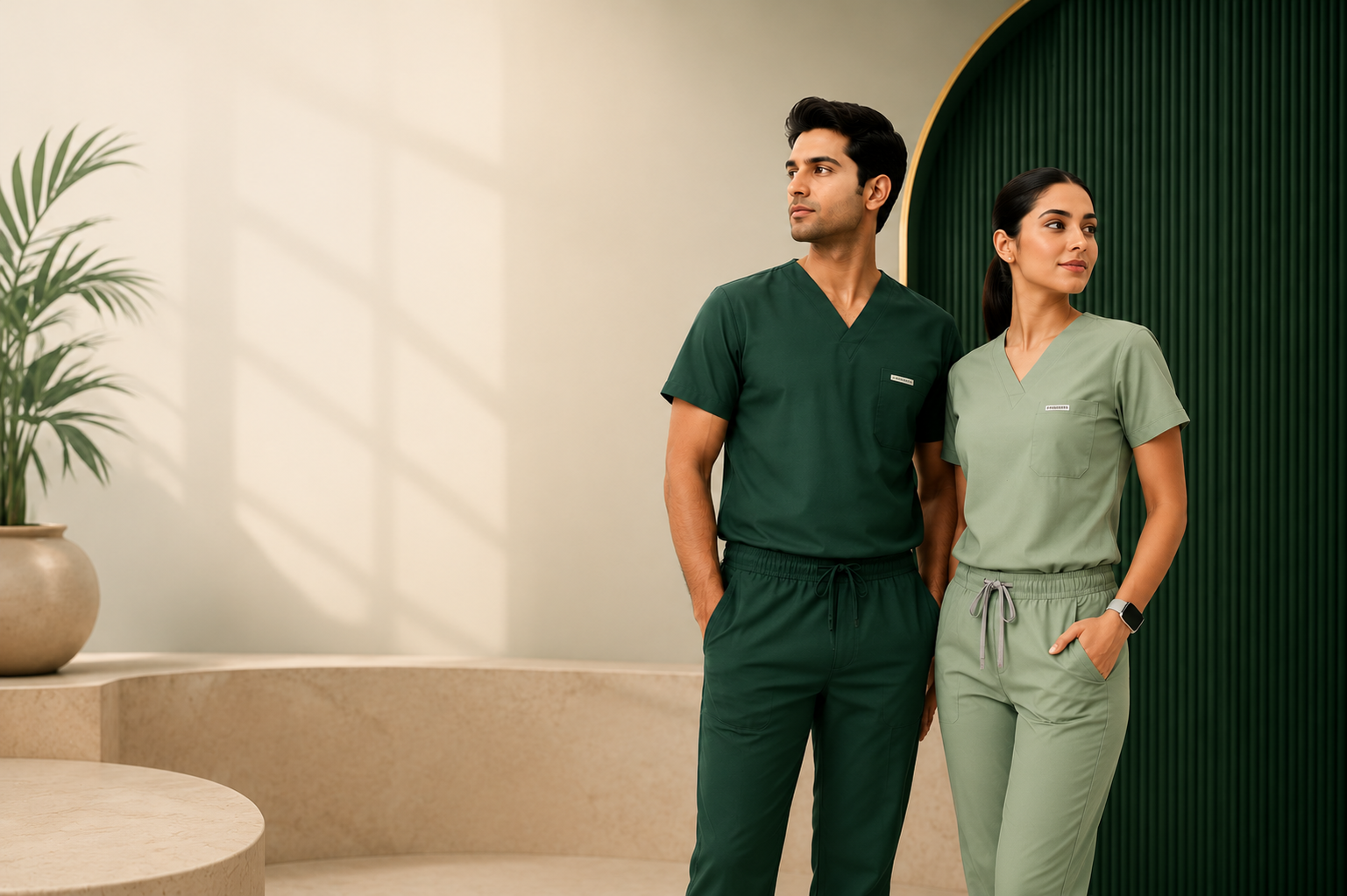 Healthcare professionals wearing premium Kalvantis scrubs