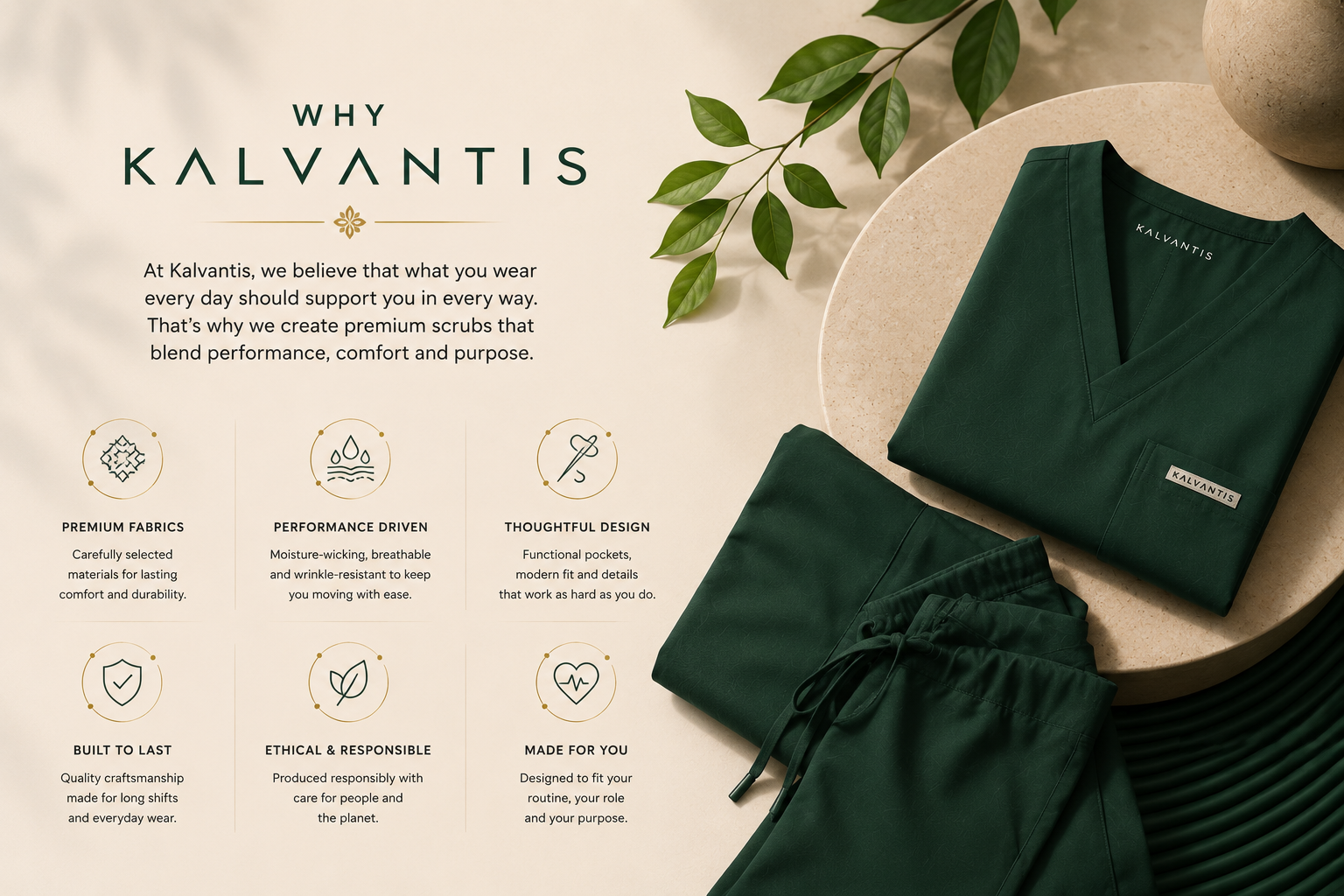Premium forest green Kalvantis scrubs arranged with natural materials